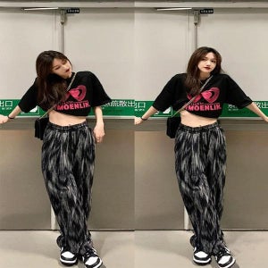 타이다이 여성 실크 스트레이트 얇은 하이웨스트 캐주얼 주름 밴딩 와이드 플리츠팬츠