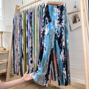 타이다이 실크 쉬폰 주름 여성 오버핏 스트레이트 캐주얼 밴딩 와이드 플리츠팬츠