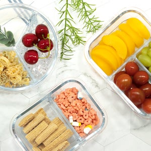 글라스듀 직사각 두칸 600ml(그레이) 내열유리 나눔찬통 / 밀폐용기