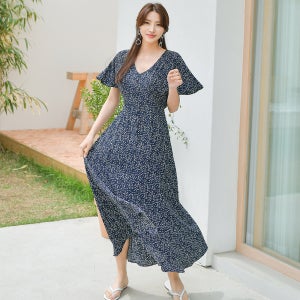 헤링본 여름 롱원피스 브이넥 프릴 A라인 빅사이즈 휴양지룩 비치웨어 바캉스 HE052