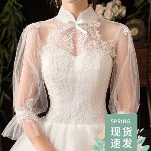 가벼운 웨딩 드레스 2021 새로운 프랑스 복고풍 스탠드 칼라 원 숄더 긴팔 슈퍼 요정 신