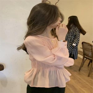 셔츠 여성 레트로 쉬폰 셔링 퍼프 블라우스