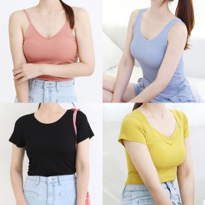 여성 노브라티 반팔 나시 티셔츠 편한 캡내장 브라캡 브라티 모달 비스코스