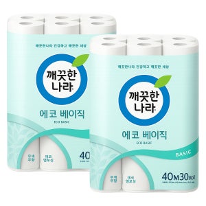깨끗한나라 에코 베이직 2겹 40m 30롤 2팩 데코 엠보싱 휴지