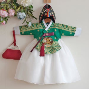 정현 금박 여아 한복 초록 당의 아이보리 날개 치마(백일-15호)유아 키즈 초등학생