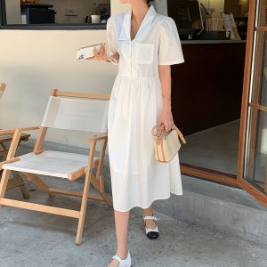 v넥 카라 오픈 단추 셔링 포켓 데일리 깔끔 여름 원피스