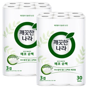 깨끗한나라 에코 순백 30m 3겹 30롤 2팩 데코 화장지 휴지