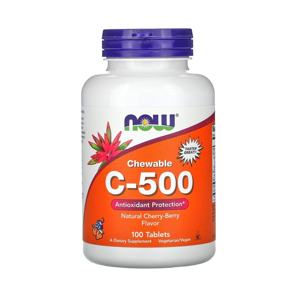 NOWFOOD 나우푸드 츄어블 비타민C 500mg 100정 Natural 체리 - 베리 맛 <b>당알콜</b> 및 아세로라 분말 1mg + 5mg 함유