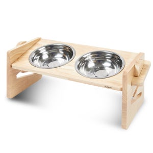 딩동펫 반려동물 식기 원목 더블유각도조절 스텐 2구