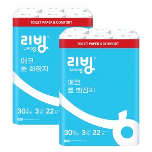 리빙 에코 스마일 두루마리 3겹 데코 22m, 30롤, 2팩