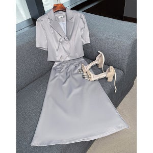 여성 하이엔드 드레스 더블버튼 반팔 정장 원피스