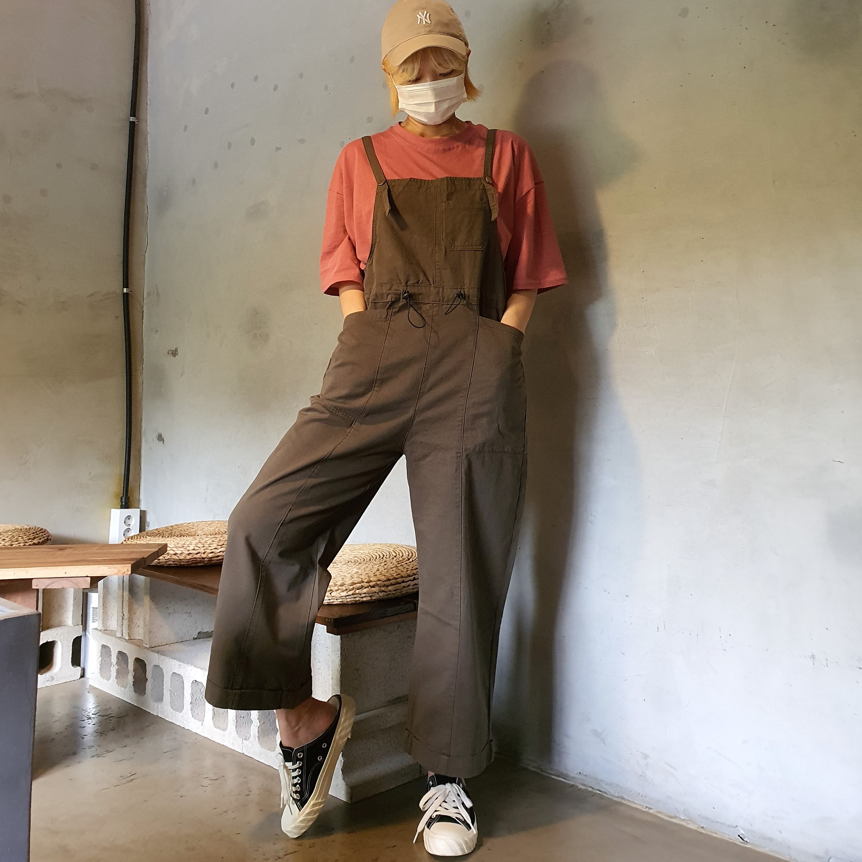 (재진행) 3XL 카키 와이드 여자 멜빵바지 오버롤 데님 빅사이즈 봄 여름 점프수트