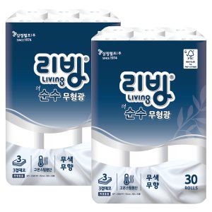 리빙 더 순수 3겹 안심 무형광 삼정펄프 데코 롤휴지 25m, 30롤, 2팩
