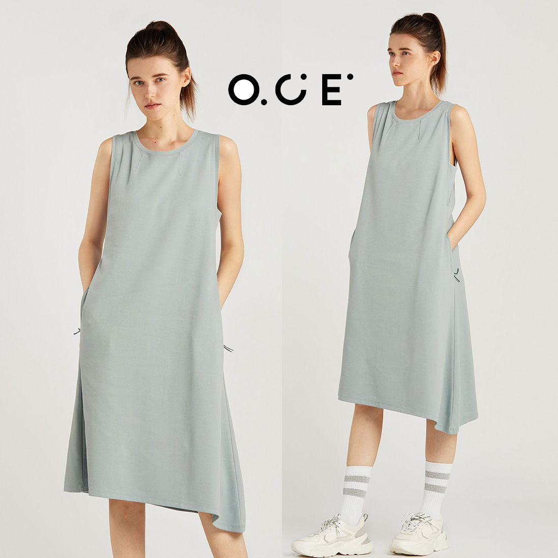 O.C.E.여름 면 코튼 민소매 언발 A라인 원피스 휴가철 바캉스룩 캐주얼 언발런스 라운드