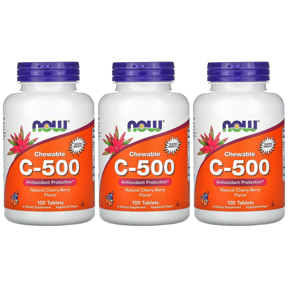 NOWFOOD 나우푸드 츄어블 비타민C 500mg 100정 Natural 체리 - 베리 맛 <b>당알콜</b> 및 아세로라 분말 1mg + 5mg 함유 X 3EA