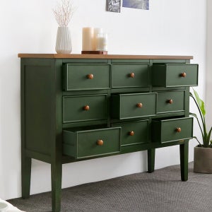 바네스데코 포인트 다용도 수납 콘솔 9칸 그린 원목 3단 서랍장