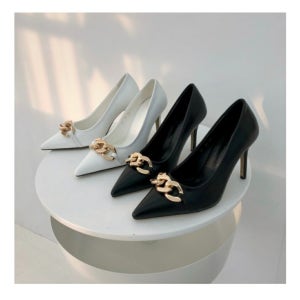 봄 여성구두 볼트 골드 빅체인 하이힐 9cm 화이트2color 스틸레토힐 정장구두OOTD