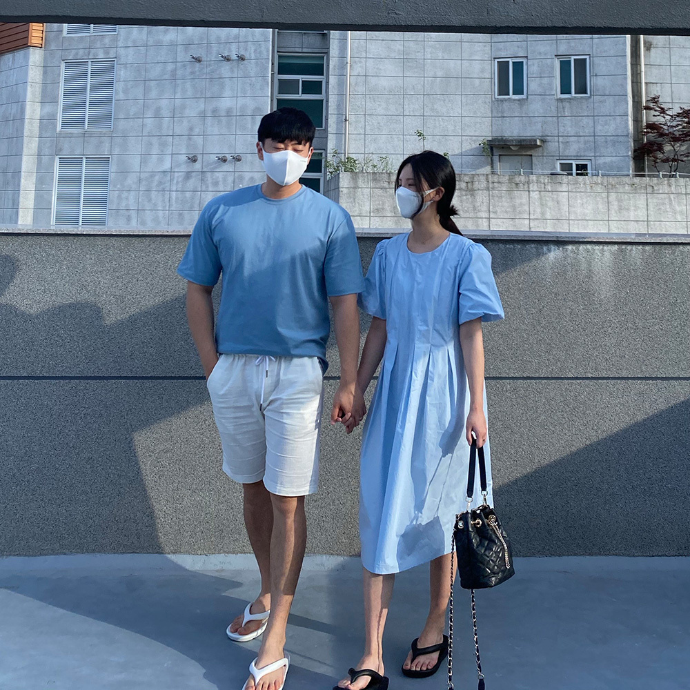 커플시밀러룩 소라 아이스 쿨링 쫀쫀 반팔 티 여름 퍼프소매 핀턱 롱원피스 휴가룩 빅사이즈