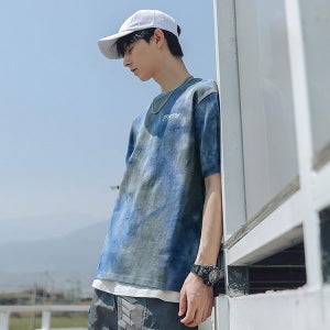 퓨어 코튼 편한 와일드 남성 그라데이션 타이다이 유니크 반팔 티셔츠