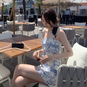 하이엔드 섹시 드레스 여성 레트로 가방 스커트 타이다이 허리끈 원피스