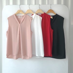 여름 흰색 핑크 레드 검정 오피스 실크 미시 쉬폰 브이넥 나시 민소매 블라우스