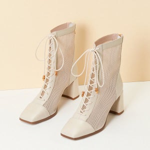 가죽 스퀘어헤드 여성 하드 단화 튜브 통기성 메쉬 부츠 롱끈 레이스업 하이힐 샌들