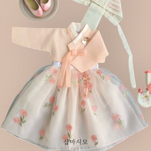 복숭아꽃 레이스 드레스 고급 여아한복 백일 돌잔치 아기 키즈 명절 생일 화동