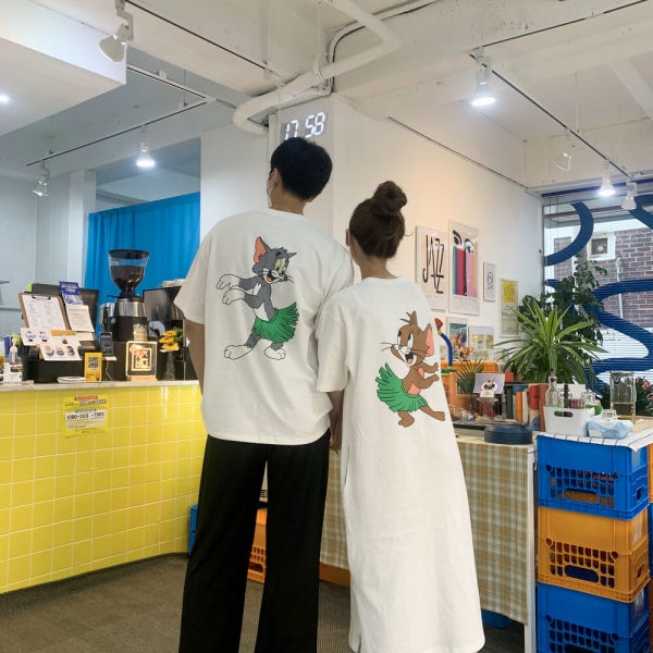여름 휴가룩 커플룩 시밀러룩 톰과제리 오버핏 티셔츠 롱 원피스