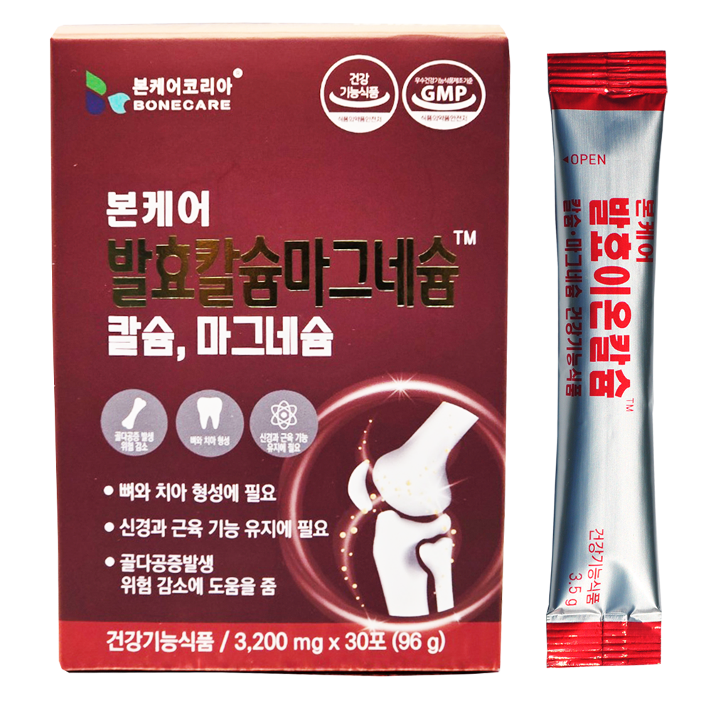본케어 수용성 발효<b>칼슘</b>마그네슘 이온<b>칼슘</b> 이온칼맥 3200mg 30포, 1개