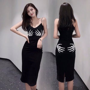 분위기있는 미디 서스펜더 로우컷 V넥 얇은 스컬 핸드 드레스 20대 섹시 클럽의상 원피스