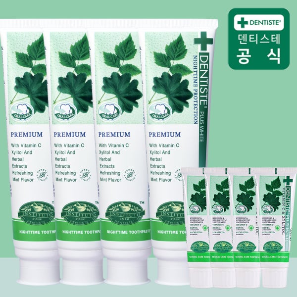 덴티스테 뉴플러스화이트 나이트타임 치약 200g 4 +여행용 20g 4개 무불소 구취케어