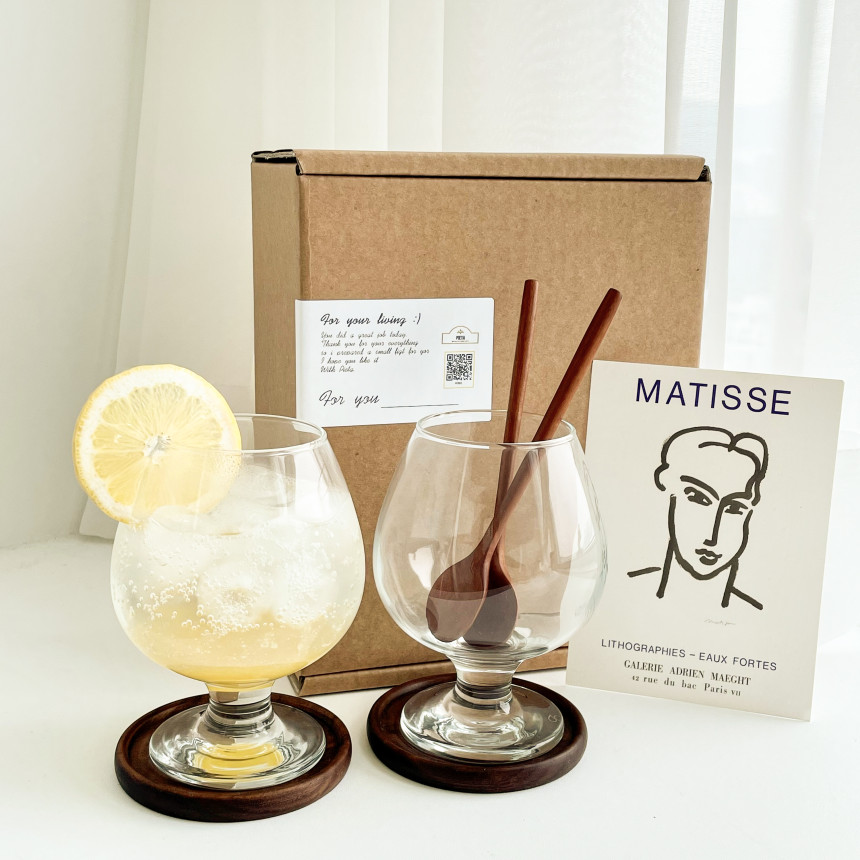 고블렛잔 결혼 집들이 선물 꼬냑 와인잔 뚱뚱이 고블렛 2인 세트 395ml 우드코스터