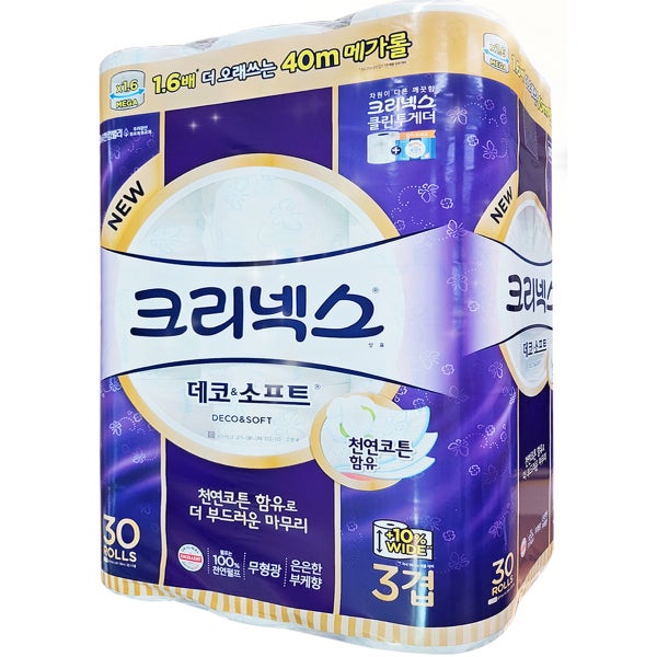 크리넥스 데코앤소프트 화장지 30롤 3겹 40m 코스트코 두루마리 휴지 물에잘녹는 무형광 메가롤 와이드