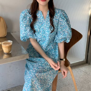 플라워 지짐이 롱 원피스 벌룬 고방 포인트 데이트 여리여리