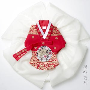 청아한복 여자아기 돌한복 금박 레이스 중전마마 왕비 여아 드레스 초록 홍 당의 전통 아동