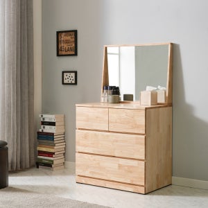 로아드 고무나무 원목 3단서랍장 화장대 겸용 거울포함 (친환경 투명 오일도장)