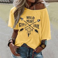 와일드 하트 집시 소울 프린트 빈티지 T 셔츠 섹시한 오프 숄더 o 넥 반소매 하라주쿠 Tshirt Boho Graphic Tees Casual Tops