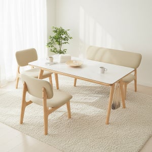 헤닝 마이홈 마블 세라믹 4인 낮은식탁 세트 1400 의자2 벤치1 내추럴