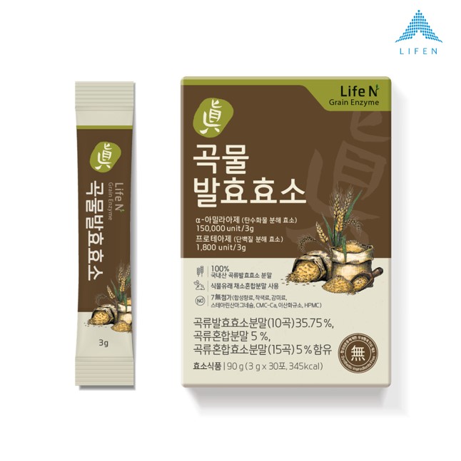 [초록마을입점제품] <b>라이프엔</b> 7무첨가 지방 탄수화불 분해 <b>소화</b> 유기농 진 곡물 발효효소 3g x 30포1박스