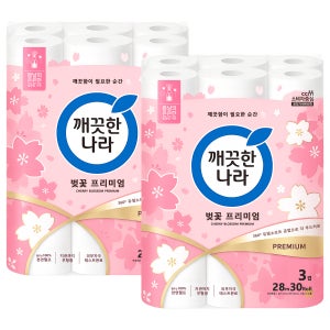 깨끗한나라 벚꽃 프리미엄 3겹 데코 30롤 2팩 천연펄프 화장지 휴지 허브가든