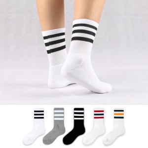 보노삭스 여자 삼선 파일 중목 크루 삭스 5켤레