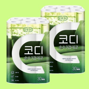 코디 순수 3겹 데코 30m 30롤 2팩 무향 무잉크 비데 겸용 롤화장지 도톰한 휴지