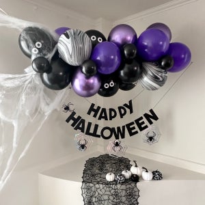 해피 할로윈 DIY 퍼플 풍선가랜드 눈알스티커 거미줄 글자배너 거미줄 박쥐 12P 포함 세트