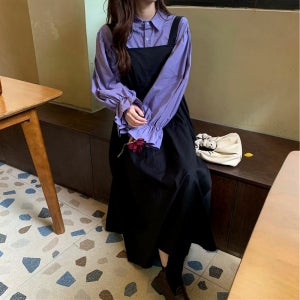 빅사이즈 공주풍 보라색 셔츠 레이어드 원피스