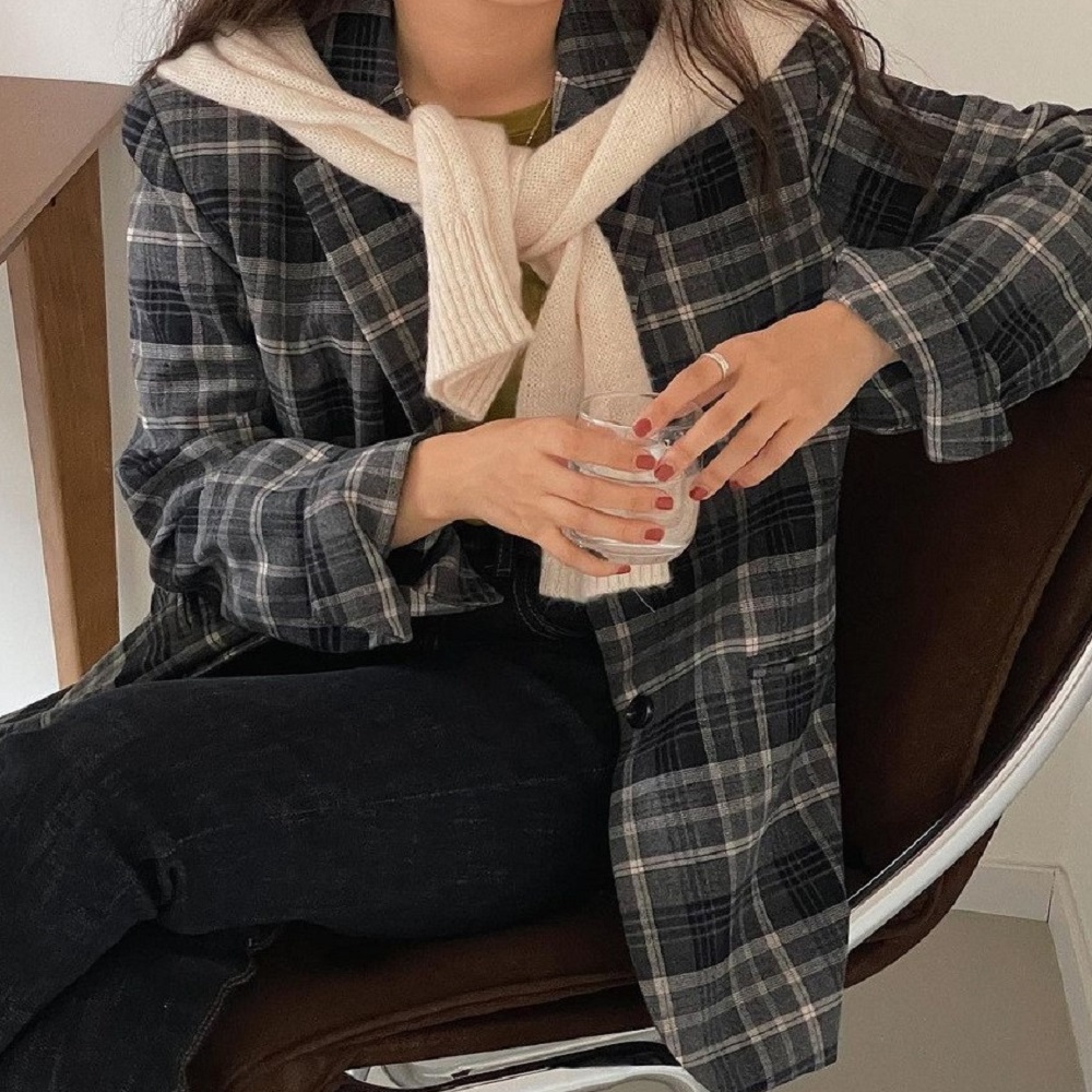 여성 오버핏 간절기 가을 체크 블레이저 자켓