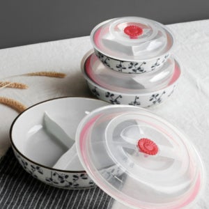 나눔찬통 도자기 3구 나눔접시 뚜껑있는 반찬그릇 찬통 밀폐용기