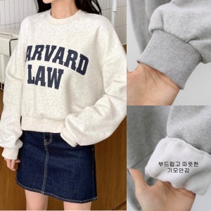 봄 기모 세미 크롭 맨투맨 티셔츠 루즈핏 여성 맨투맨티 원단좋은 레터링 자수 쭈리면