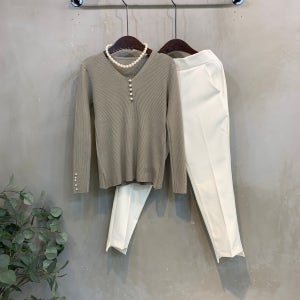 (당일배송)다다다 브이넥 진주 버튼 골지 니트 4color