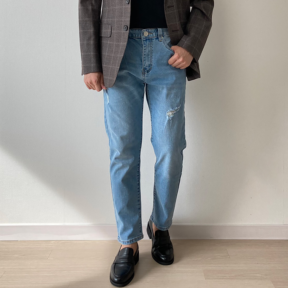 남자 연청 스트레이트 디스트로이드 데님 팬츠