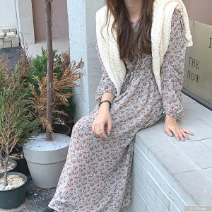 케이시 플라워 쉬폰 롱원피스 2color 가을 겨울 허리끈 하늘 벌룬 퍼프 제이플로우